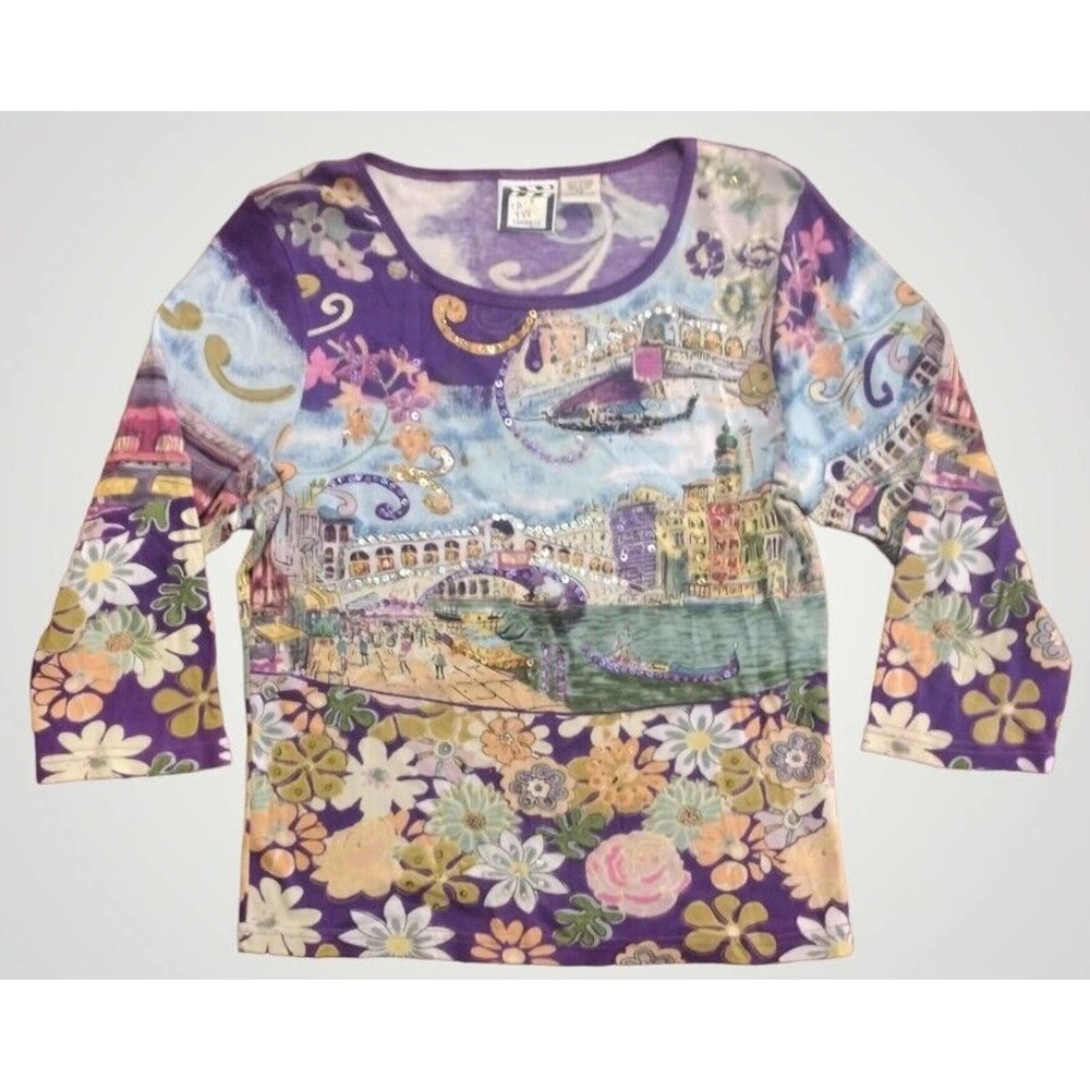 Take two Clothing Co Venice Canals Purple  3/4 Sleeve Blouse PXL 100% cotton